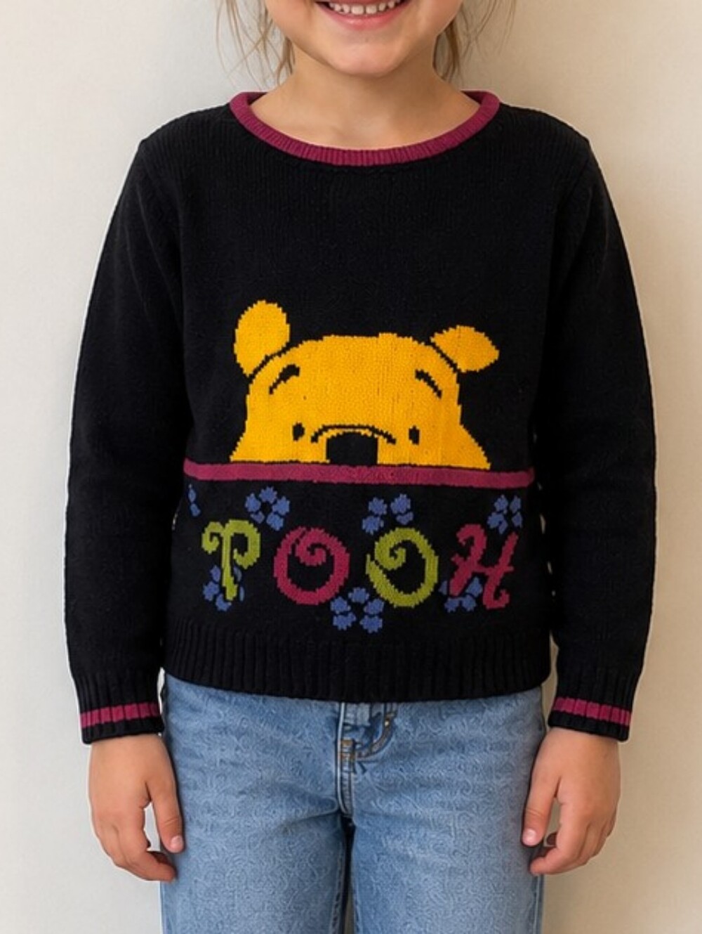 Vintage Disney Winnie the Pooh Knit Sweater Girls Size 6 Black Colorful 90s
